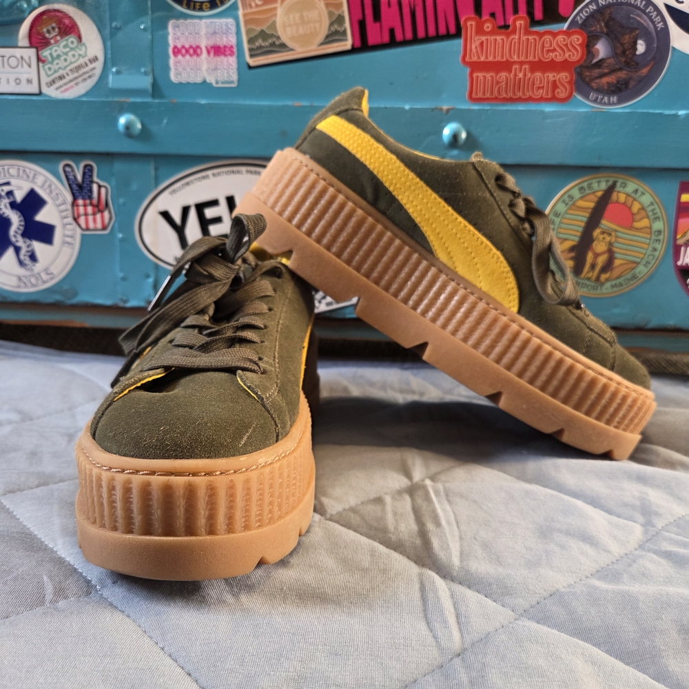 Puma Olive Green and Yellow Platform Sneakers